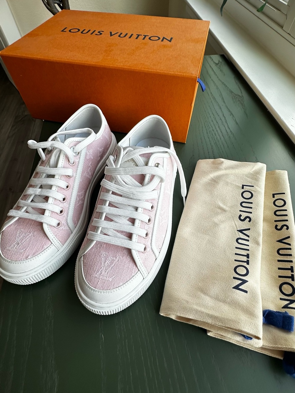 NIB Louis Vuitton LV Lagoon Pink Monogram Denim Sneakers with Box &Dust bag EU38